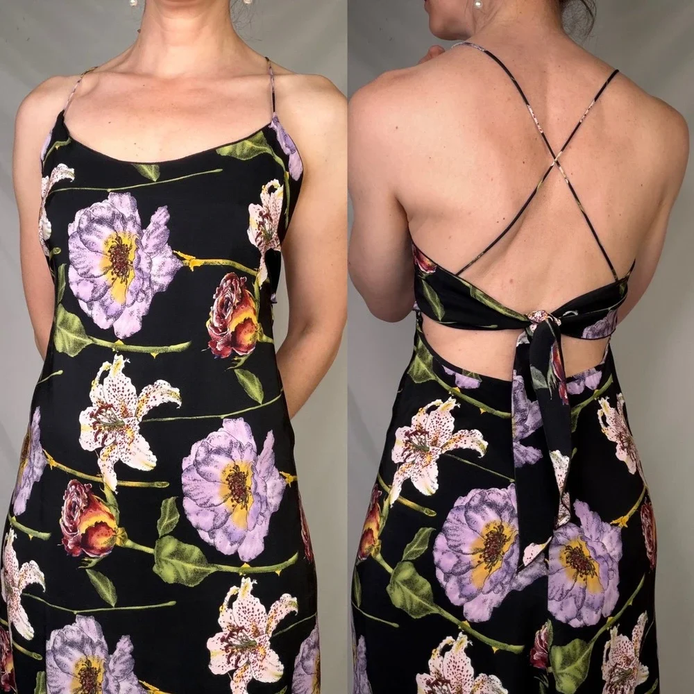 Nicole Miller Silk Floral Slip Dress Black Y2K Vintage Open Tie Back Small 4